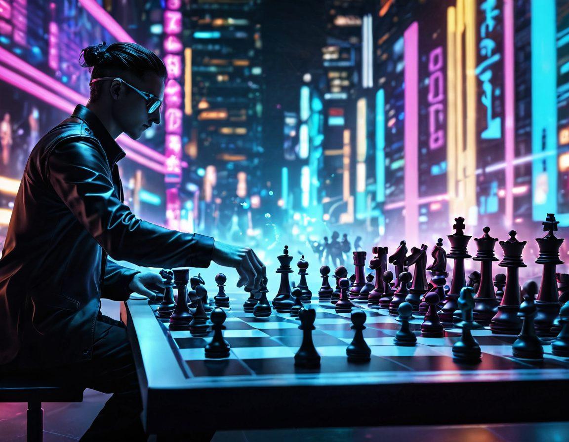 A dynamic chessboard in a bustling digital landscape, showcasing a novice player making a strategic move against a shadowy grandmaster figure in the background. Include glowing chess pieces symbolizing advanced tactics and an ethereal aura of knowledge emanating from the board. Blend contrasting colors to emphasize the excitement of the game and incorporate digital elements like pixelated chess pieces and holographic displays. vibrant colors. cyberpunk. 3D.