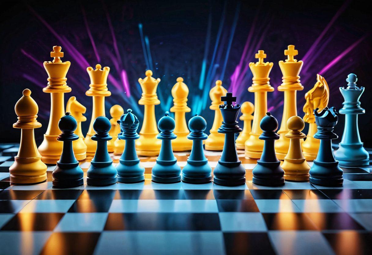 A dynamic chessboard set in a futuristic digital landscape, featuring glowing chess pieces that symbolize champions, with vibrant energy trails connecting them. Show a diverse group of players, focusing intensely on their screens, with a sense of competition and excitement. The background should depict a blend of a virtual world and classic chess aesthetics. super-realistic. vibrant colors. futuristic elements.