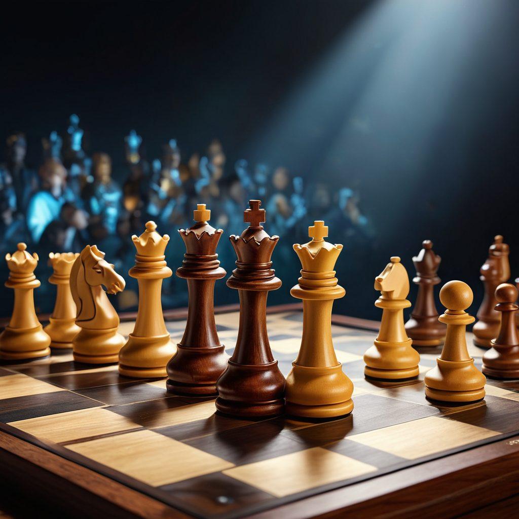 A dynamic chessboard in action, pieces mid-move with a dramatic spotlight illuminating key strategies displayed on a digital screen in the background, showcasing a blend of classic and modern chess elements. Include a diverse group of focused players analyzing the game. Atmosphere infused with tension and excitement, a clock ticking in the corner measuring critical time. super-realistic. vibrant colors. high detail.